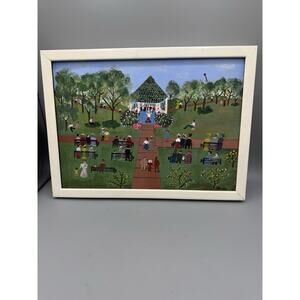 Vintage 1971 Folk Art Park Gazebo Scene Signed Rosalia Framed Canvas Painting